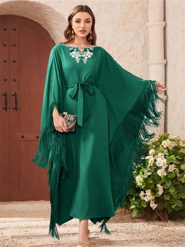 BubbleKiss Women Dress Spring Tassel Batwing Sleeve Appliques O-Neck Caftan Muslim Lady Robe Party Ramadan Femme Long Dress